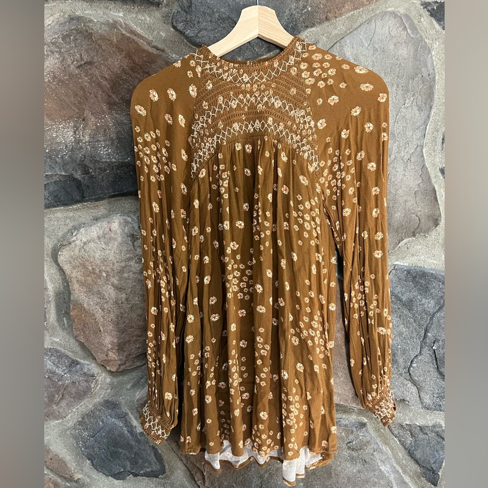 Free People Tan Floral Blouse